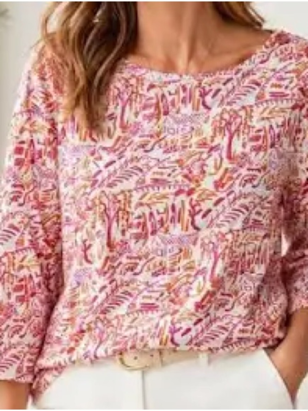 J. McLaughlin White Pink Orange Village Print Catalina button Boatneck Top L